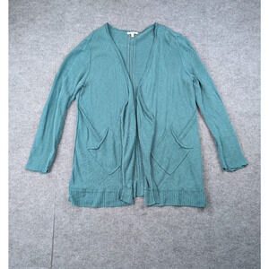 Eileen Fisher Open Front Cardigan Womens Large Linen Knit Sweater Teal Coastal